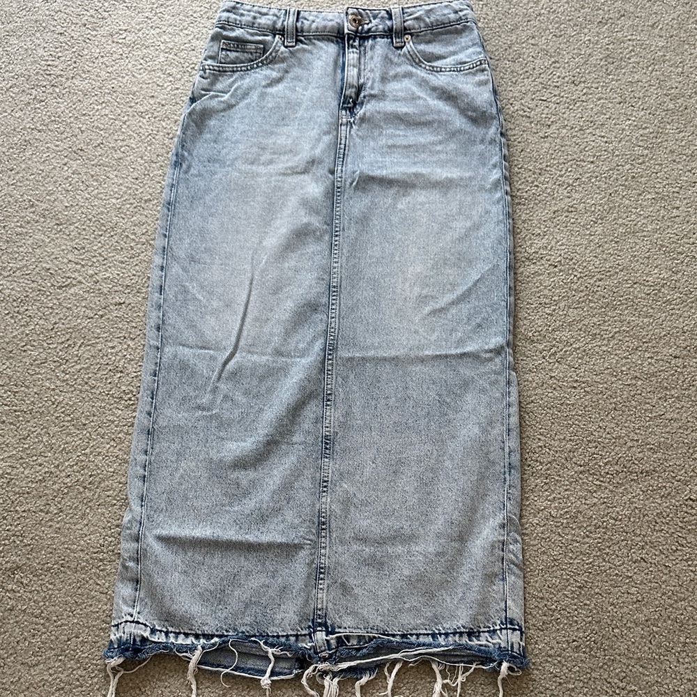 H&M Light Blue Denim Maxi Skirt with Raw Hem